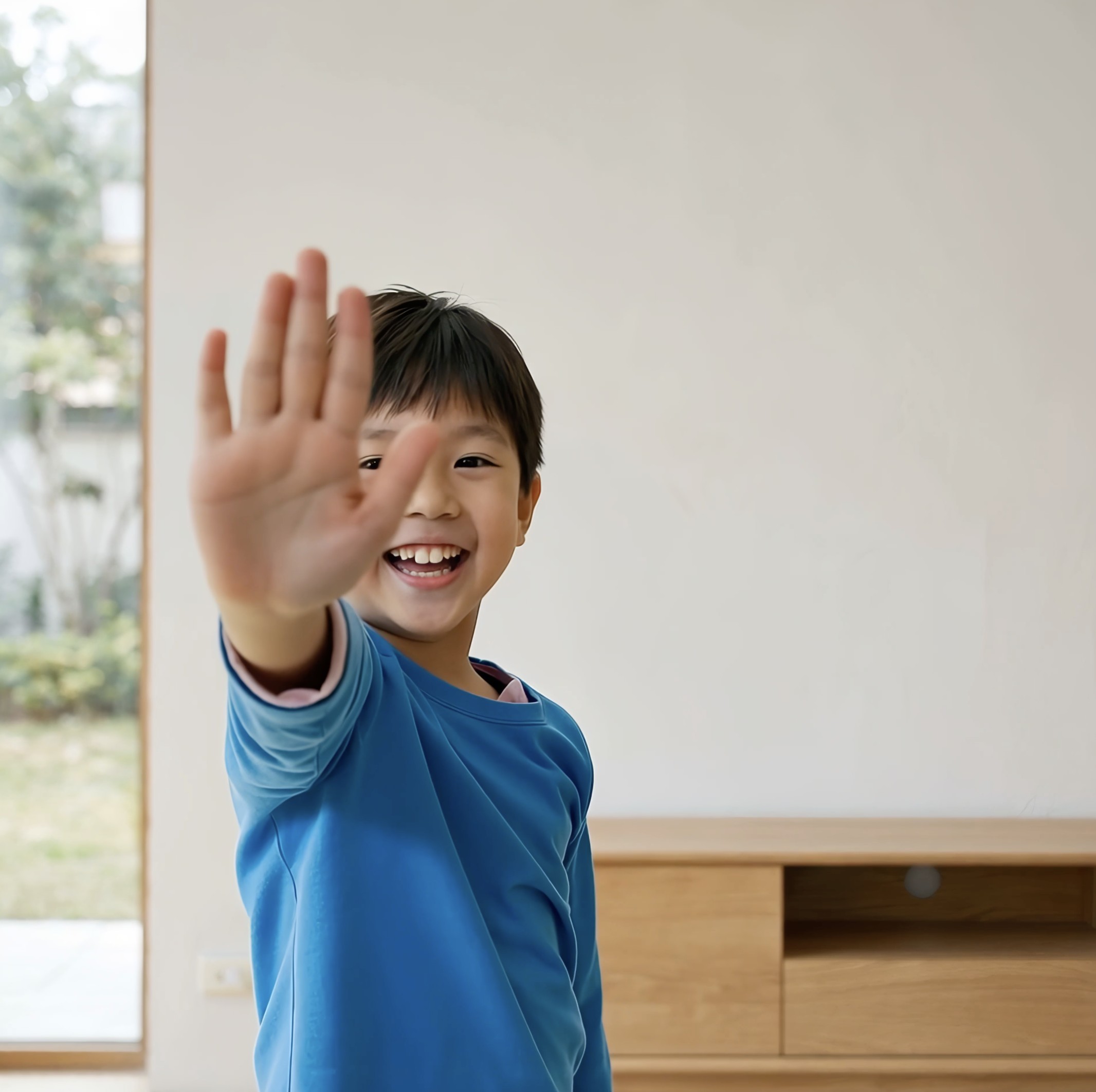 A smiling child reaching out with an open hand