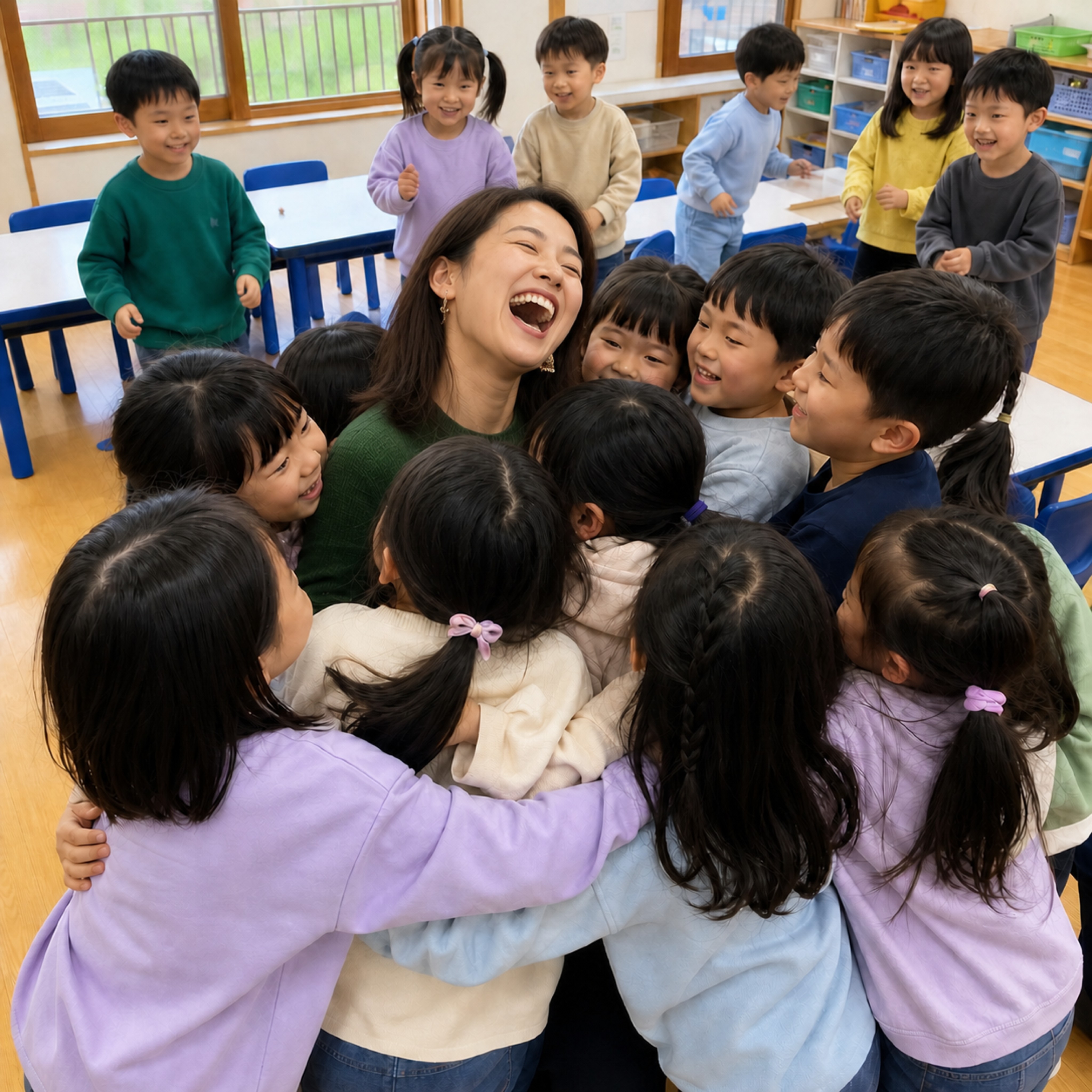 A teacher surrounded by a joyful group of children